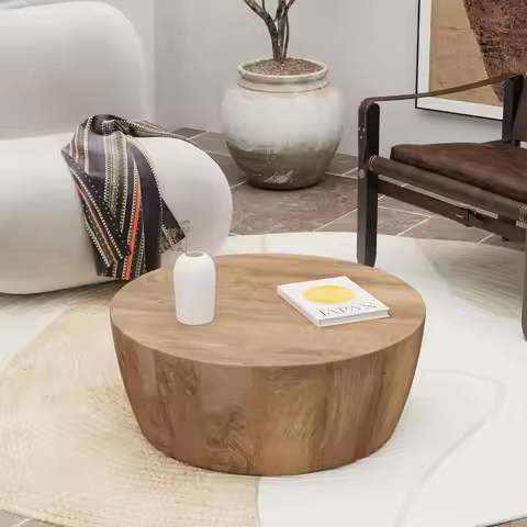Round Coffee Table, Drum Coffee Tables for Living Room, Vintage Reversible Wooden Coffee Table, Mid 