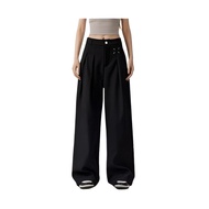 J019-Semi-elastic hem embroidery, straight loose drape casual high waist wide-leg trousers for women