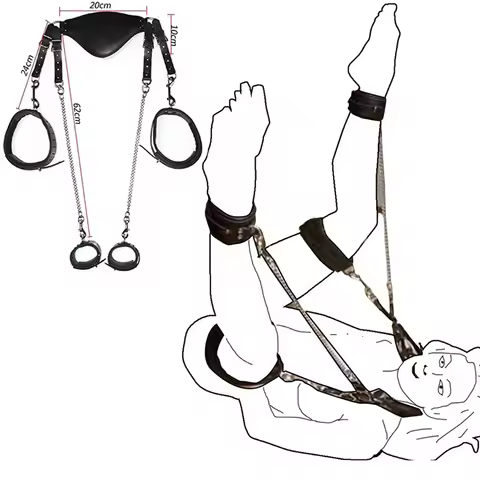 2024 New Open Leg Bondage Restraint PU Leather Neck Collar To Hand Ankle Cuffs Metal Thigh Sling Spr