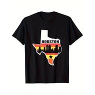 Houston Texas Retro State Flag T Shirt Cotton Black Skyline Design with Texas Pride Casual Summer Te