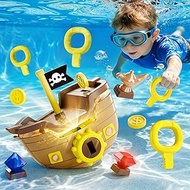 Funscape Kids Pool Diving Toy, Treasure Pirate Ship Diving Pool Game Water Play W/ Key Coin Gem, Tod