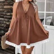 Plus Size Women's Plain Color Front Tie Sleeveless Casual Summer Dress Women Short Dresses Summer Wo