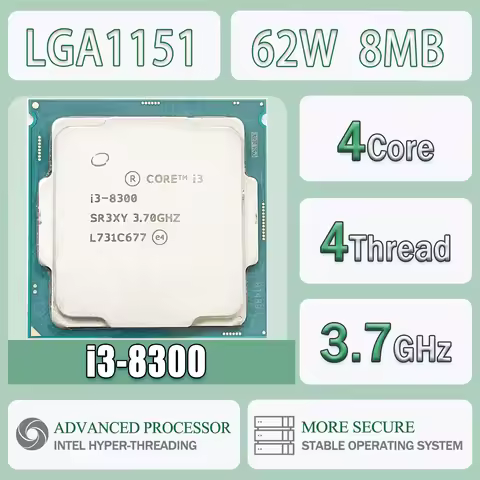 Intel Core I3-8300 4 Core 4 Thread 3.7GHz 62W 8MB Cache 14nm Coffee Lake-S DDR4-2400 MHz SR3X7 LGA 1