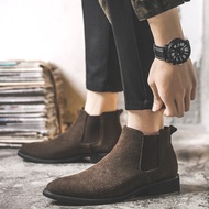 รองเท้าบูทChelsea Boots สำหรับผู้ชาย ทรงหัวแหลม หนังบุขนแกะ ระบายอากาศได้ดี รองเท้าบูทส้นสูง ส้นแบน 