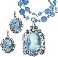 Silver Tone Antiqued Oval Shaped Cameo Lucite and Simulated Pearl Jewellery, Drop Necklace and Earri