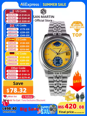 San Martin 39mm Miyota 9132 Power Reserve Display Men Luxury Sport Watch Automatic Mechanical Waterp