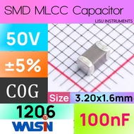 100nF 1206 50V NP0 ±5% SMD MLCC Capacitor Walsin 1206N104J500CT