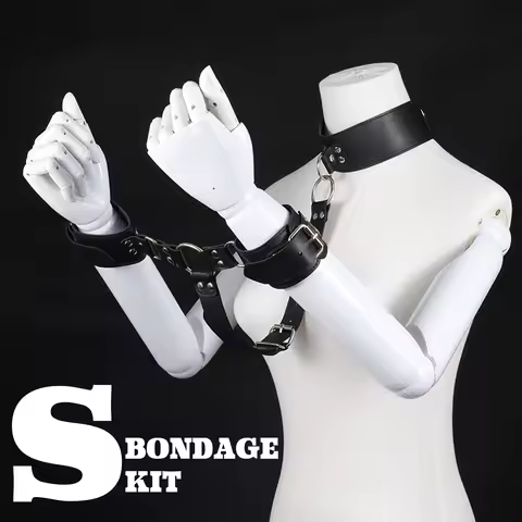 BDSM Bondage Restraints Set Neck to Wrist - Behind Back Handcuffs Collar with Blindfold Adjustable B