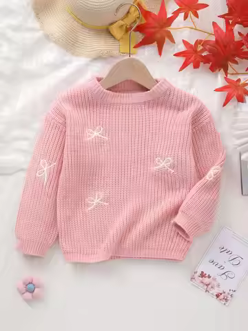 Baby Girl's Sunny, Cute, Sweet, Classic, Simple Knit Sweater Pullover, Solid Color Round Neck with B