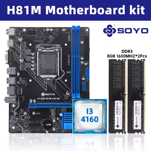 SOYO H81M Gaming Motherboard Set Intel i3-4160 Processor and DDR3 16GB 1600mhz RAM M.2 NVME PCIEx16 