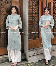 Áo dài cách tân nữ lụa trơn đính nơ kèm quần phối màu HAVANA AD27