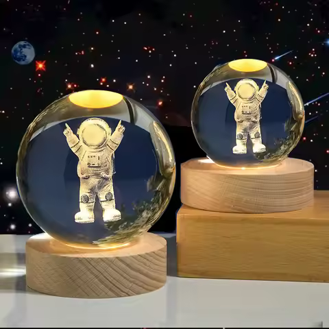 8cm Crystal Ball Night Light Galaxy 3D Laser Engraved Ornament Wooden Galaxy Night Lamp