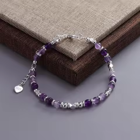 VENTFILLE 925 Sterling Silver Natural Amethyst Crystal Silver Round Bead Bracelet For Women Gift Boh