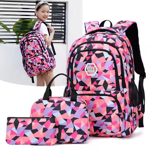 3Pcs Colorful Children Backpack Geometric Girls School Backpacks Korean Primary Bagpack Set Multi-Fu