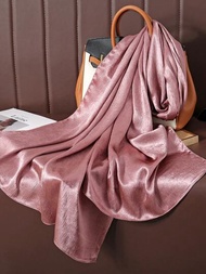 優雅女士天然褶皺光澤純色緞面圍巾，適用於秋冬可戴為頭巾