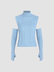 Cider Solid Cable Knit Turtleneck Vest &amp; Gloves