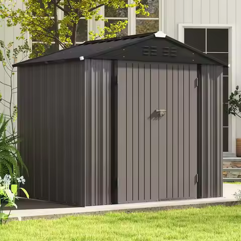 8x6 FT Metal Outdoor Storage Shed Lockable Doors & Air Vents Backyard Garden Patio Brown, Custom
