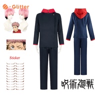 Anime Jujutsu Kaisen Itadori Yuji Cosplay Costume for Adult Men Women Black Blue Hoodie Jacket Pants Pink Short Wig Sticker Uniform for Man Halloween Carnival Party Set Uniforms