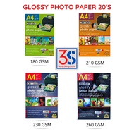 [ KIDARIO ] A4 GLOSSY PHOTO PAPER 20 SHEETS ( 180GSM / 210GSM / 230GSM / 260GSM ) / KERTAS GAMBAR GL