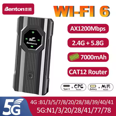 Benton Unlocked 5G SIM Router Portable WiFi AX1200Mbps Dual Band 5G Router WiFi6 CAT12 Travel Router