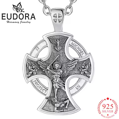 Eudora 925 Sterling Silver Saint Michael Necklace Cross Amulet Pendant Religious Jewelry Personality