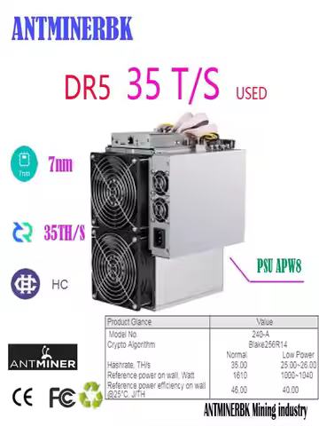 Used DCR Miner Antminer DR5 35TH/S Asic With PSU Better Than DR3 s9 WhatsMiner D1 Innosilicon D9 FFM