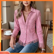 Oneworld Comfortable Women's Autumn Cowgirl Outfit - Slim-fit Button-down Fringe Blouse