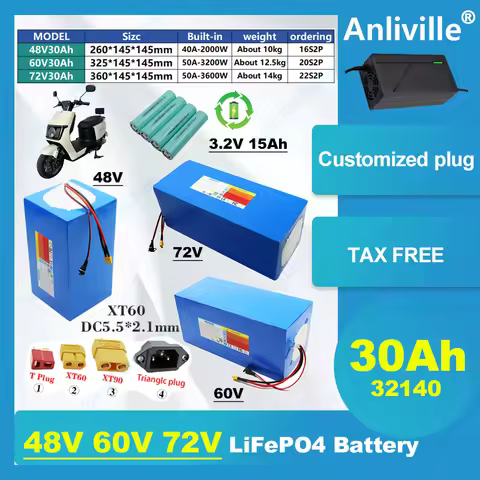 48V/60V/72V 30Ah LiFePO4 Battery Pack with BMS for 52V 60V Electric Motorcycle Scooter, with BMS 360