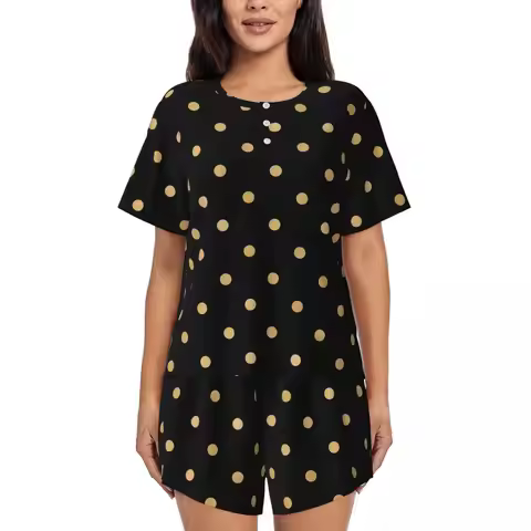 Gold Dot Pajamas Retro Polka Dots Leisure O Neck Home Suit Female Two Piece Pattern Short Sleeves Tr