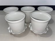 5 pieces large Corinthian ludu pots for plants with saucer 7x6.5" / big white round pot with plate
