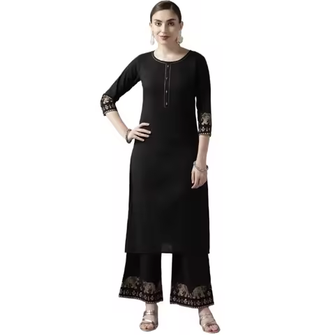 Punjabi Suit Indian Ladies Traditional Clothing 2-pcs Set Cotton Tops Pants Black Pakistani Clothes 