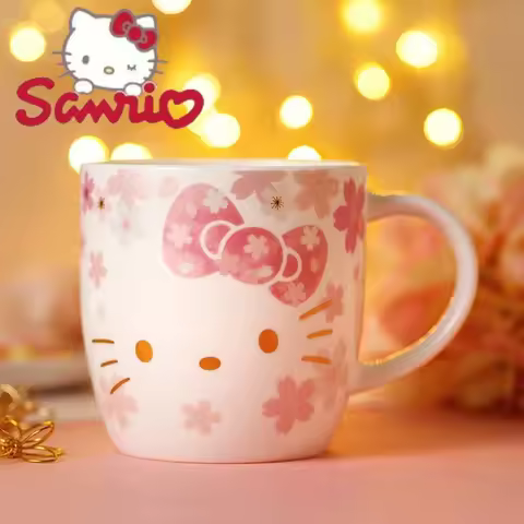 New Sanrio Hello Kitty Bone China Cup Kawaii Cherry Blossom Cartoon Mug Anime Accessories Home Coffe