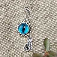 Blue Glass Cat Eye Necklace Silver Cat Evil Eye Protection Necklace Jewelry Gift