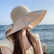 Vinyl Sun Protective Bow Sunhat Summer Hollow-out Straw Hat UV Big Brim Face-Covering Sun Exposure Bucket Hat
