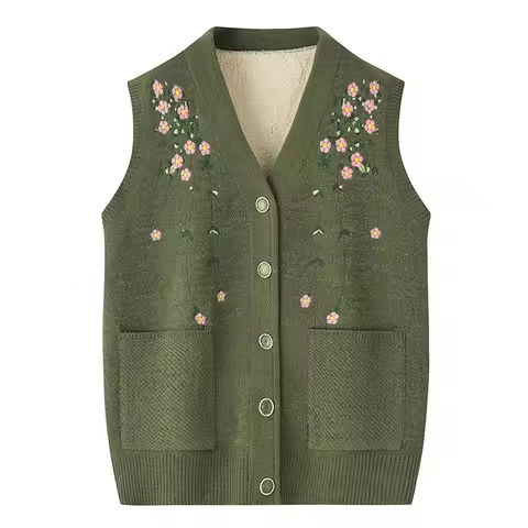 Grandma's Vest Autumn Winter Embroidered Middle Aged Mother's Outfit Cardigan Jacket Knitwears Sweat