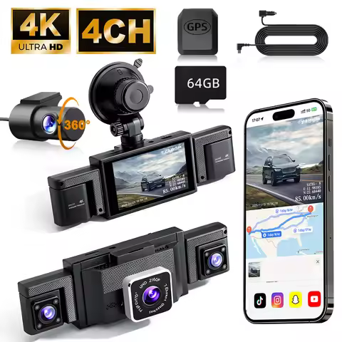 4-Channel Dash Cam 360° 4K+1080P Front/Rear/Left/Right, 3" IPS Screen, WiFi GPS, Night Vision, G-Sen