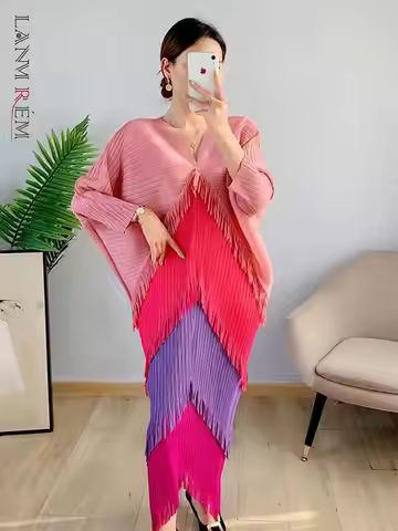 LANMREM Tassel Patchwok Color Block Dress For Women Pleated Batwing Sleeve Mid-calf Dresses Fashion 