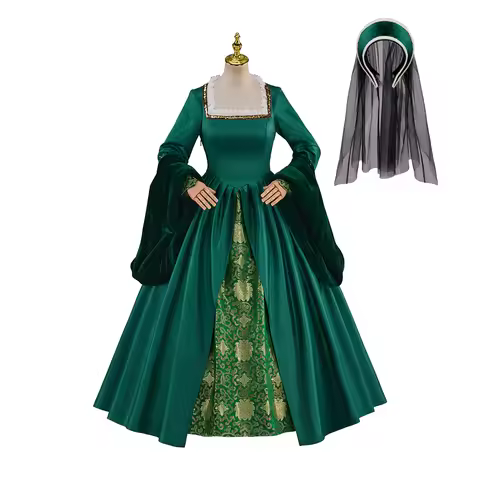 Anne Boleyn Cosplay Costume Tudor Dress Movie Green Dress With Headwear Women Halloween Theme Party 