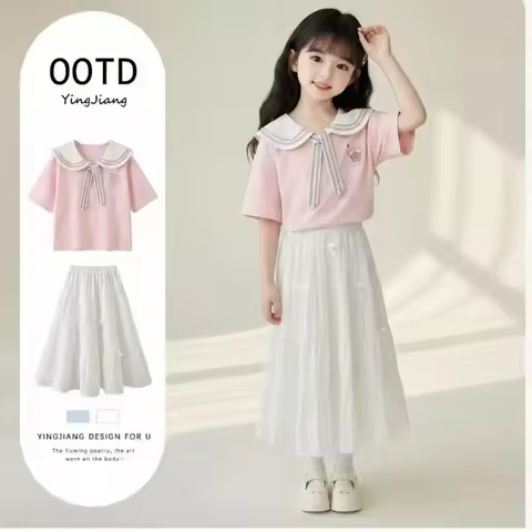 2026 Summer New Arrival Girls 2Pcs Outfit Navy Collar Preppy Style Short Sleeve Top & Skirt Set Swee