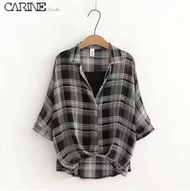 CARINE Áo Kiểu Nữ Mùa Hè Phong Cách Hàn Quốc Áo Sơ Mi Voan Kẻ Ca Rô Thường Ngày Áo Hai Dây