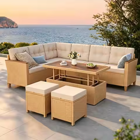 6-Piece Outdoor Wicker Patio Set with L-Shaped Sofa, Chaise Lounge, Ottomans, and Adjustable Table