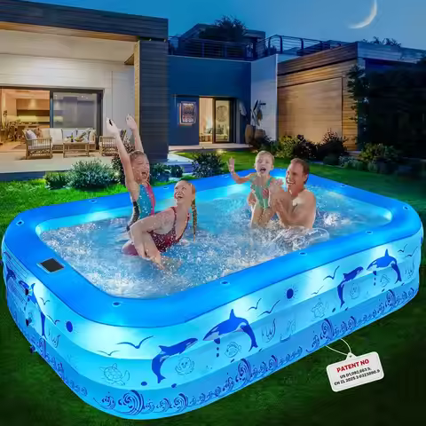 Upgrade Inflatable Pool with Solar Lights, Large Family Swimming Pool for Kids and Adults, 100x63x20