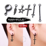 GANTUNGAN [5 IN 1 PACKAGE] BLACK STITCH EARRINGS CLIP-ON/ + 5 CROSS HANGER ECG HEXAGRAM MEN'S CHAIN 