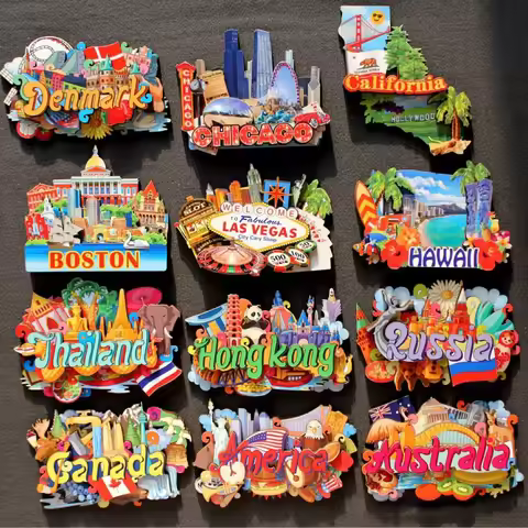 Wooden Refrigerator Magnet Famous Travel Souvenir United States Barcelona Russia Canada Thailand Den