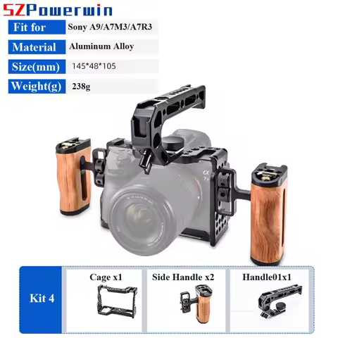 Full Camera Cage for Sony A7III A7R3 A9 – Aluminum Alloy Rig with Wooden Handle & ARRI Anti-Twist Pi