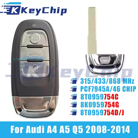 KeyChip Pro For Audi A4 A5 Q5 2008-2014 3 Button Remote Car Key 315/433/868 MHz PCF7945A 46 Chip 8T0