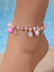 1入組粉色貝殼天然石粒貝殼海星海灘腳鍊，夏季度假腳飾
