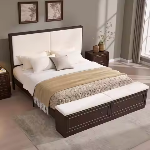 King Bed Frame w/Upholstered Headboard,Storage Bench,Walnut, Customized