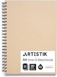 A4 Sketchbook - (Pack of 1, 80 Pages (40 Sheets)) Wire-O Portrait Drawing Pad for Heavy Mixed Media with Perforated 180gsm Acid Free Cartridge Paper and Kraft Cloth Cover Sketch Book