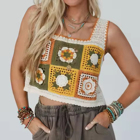 Granny Square Crochet Tank Top Embroidery Floral Open-knit Crop Cami Tops Women Teengirl Summer Fair